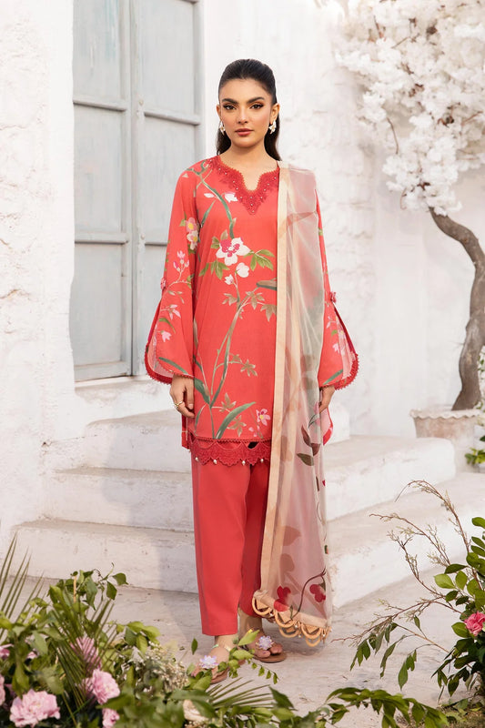 3 Pc Unstitched Printed Lawn Suit | Brick Red Design | Tayaba | MB-CUS25-707B