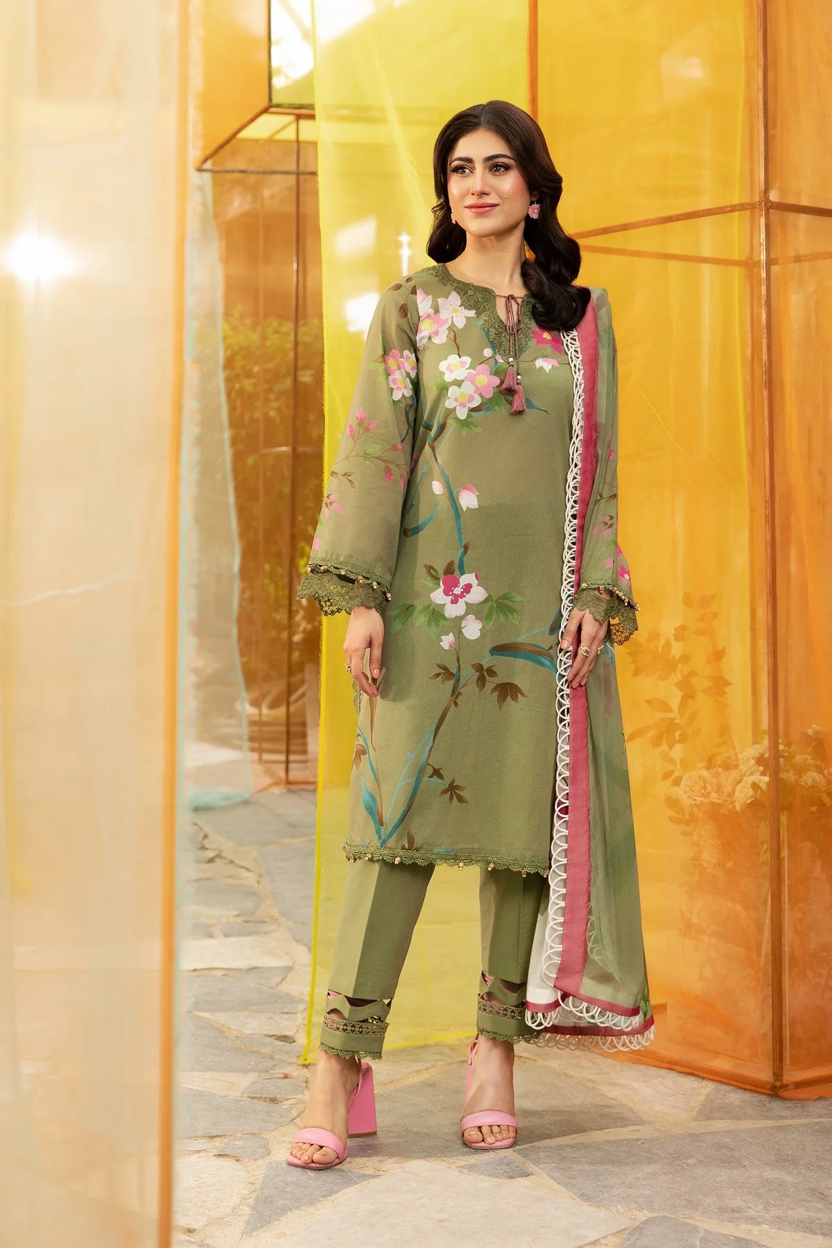 3 Pc Unstitched Lawn Suit | Fresh Green Printed Design | Tayaba | MB-CUS25-707A