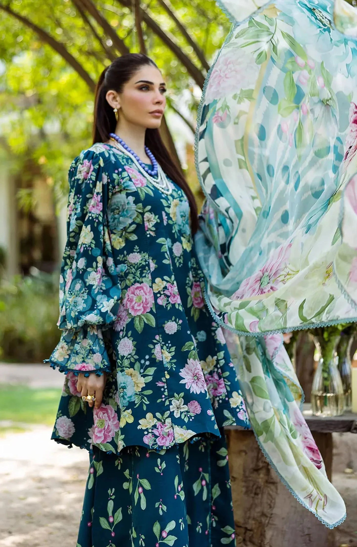 Elaf Printed Lawn 3 Piece Suit - ECD-1B AZURE FERN - EL25PRN - Green - Summer Collection