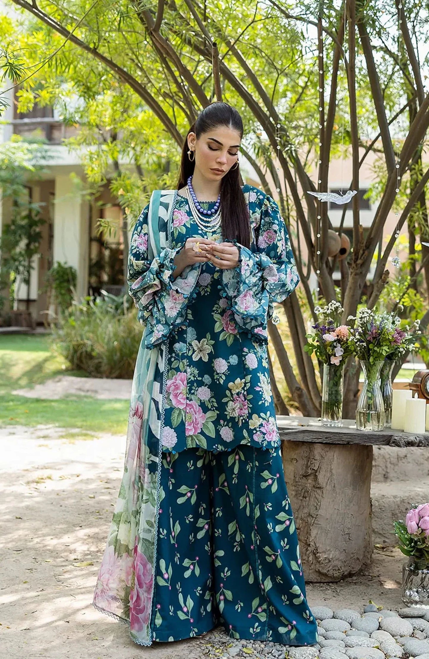 Elaf Printed Lawn 3 Piece Suit - ECD-1B AZURE FERN - EL25PRN - Green - Summer Collection