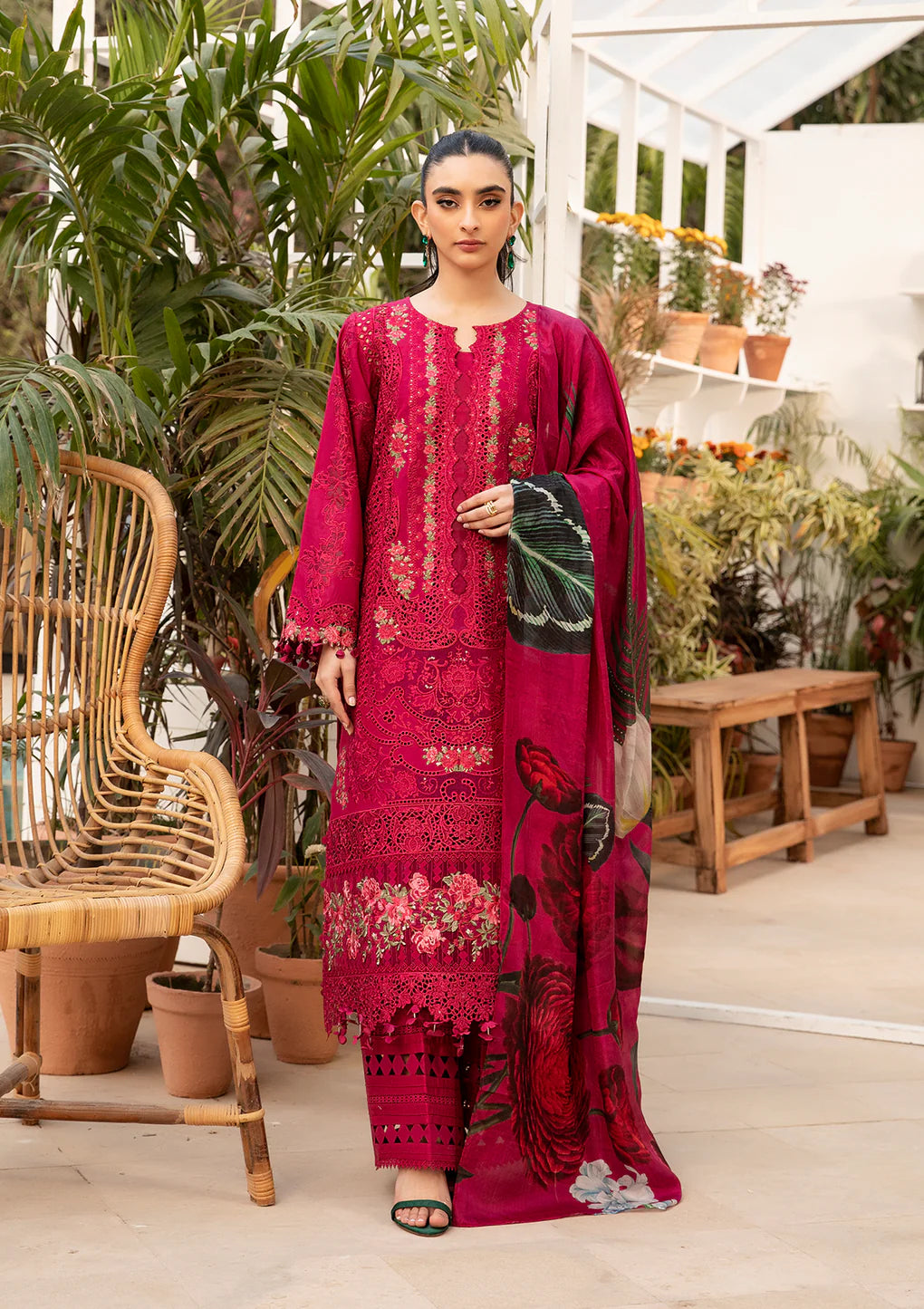Shop ELM-10 Gulnar – Luxury Embroidered Lawn Suit with Digital Printed Tissue Silk Dupatta | Tayaba