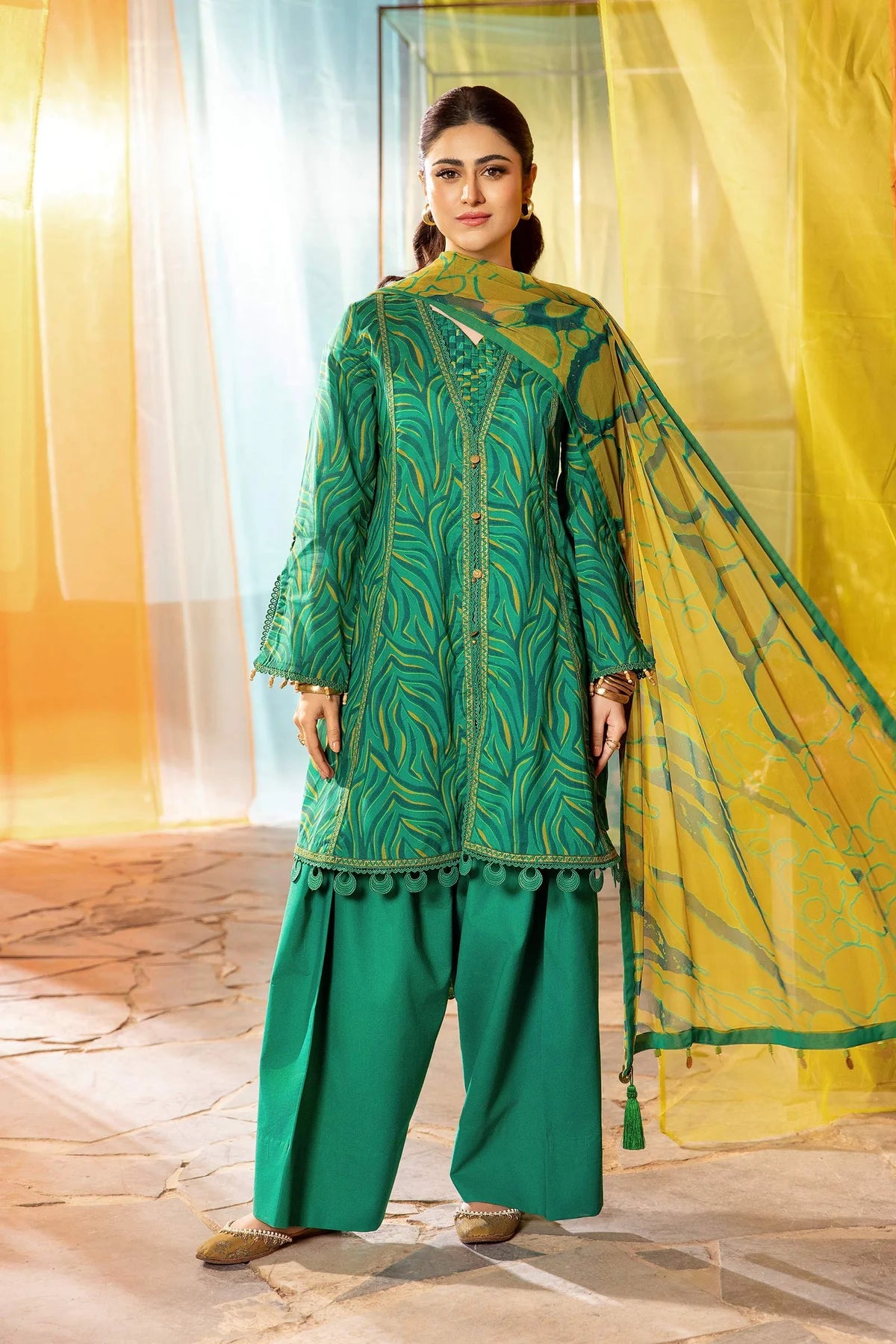 3 Pc Unstitched Lawn Suit | Digital Printed Green Shirt & Yellow Dupatta | Tayaba | MB-CUS25-704A