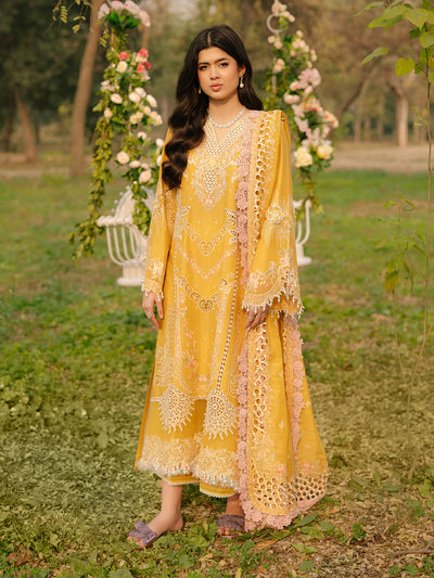 Mustard Yellow Laser Embroidered Lawn Suit With Organza Details