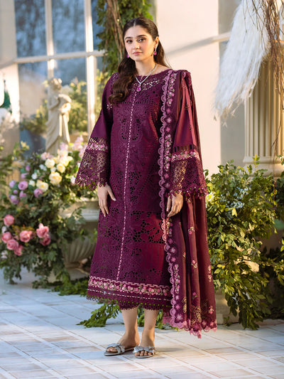 Deep Maroon Laser Embroidered Lawn Suit With Organza Details