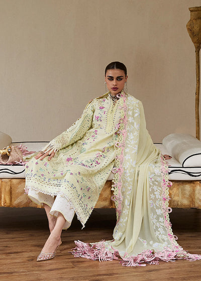 Lime Yellow Embroidered Self Jacquard Suit With Chiffon Dupatta