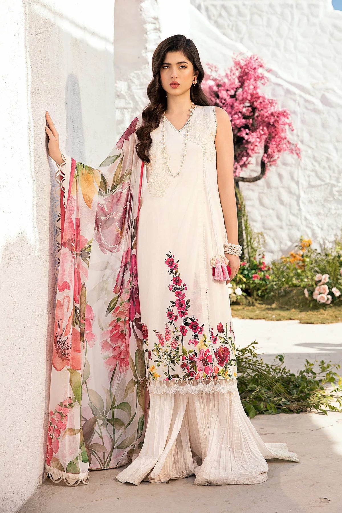 3 Pc Unstitched Lawn Suit | Classic White Printed Design | Tayaba | MB-CUS25-701B