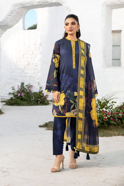 Dark Blue Digital Printed 3-Pc Suit With Chiffon Dupatta
