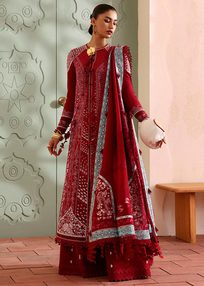 Crimson Red Embroidered Lawn Suit With Chiffon Dupatta
