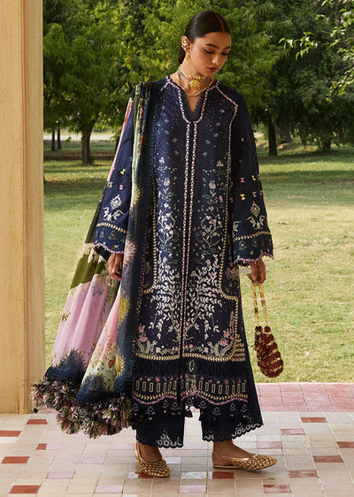 Deep Blue Embroidered Lawn Suit With Digital Printed Dupatta