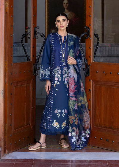 Navy Blue Embroidered Lawn 3-Pc Suit With Printed Dupatta