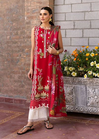 Red Embroidered Lawn 3-Pc Suit With Printed Dupatta