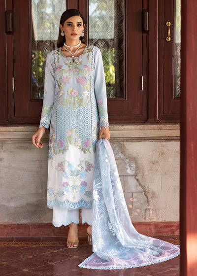 Sky Blue Embroidered Lawn 3-Pc Suit With Printed Dupatta