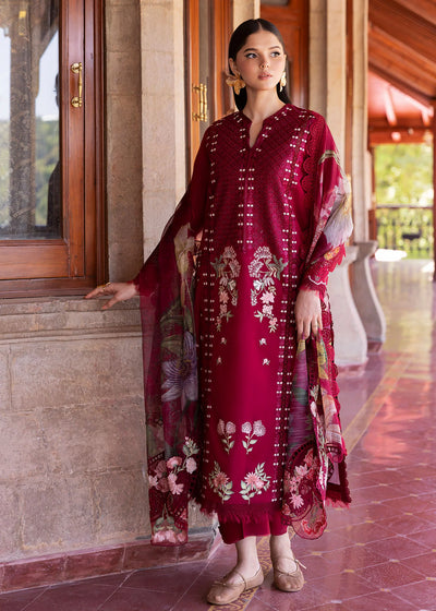 Red   Embroidered Lawn 3-Pc Suit With Printed Dupatta