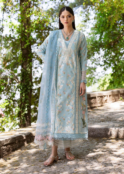 Sky Blue Embroidered Lawn 3-Pc Suit With Printed Dupatta
