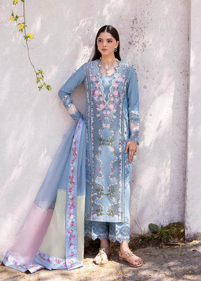 Periwinkle Grey  Embroidered Lawn 3-Pc Suit With Printed Dupatta