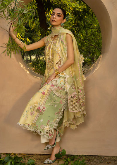 Lemon Mint Embroidered Organza Suit With Printed Dupatta