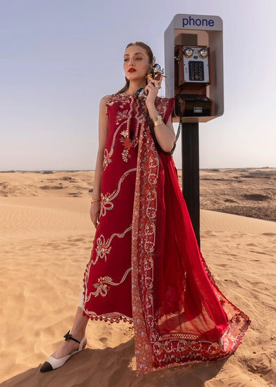 Deep Red Floral Embroidered Lawn 3-Piece Suit