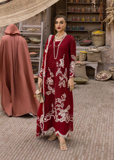 Scarlet Red Embroidered Organza Suit With Chiffon Dupatta