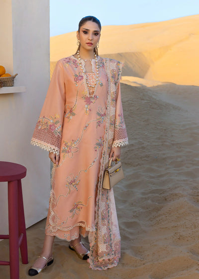 Peach Pink Floral Embroidered Lawn 3-Piece Suit