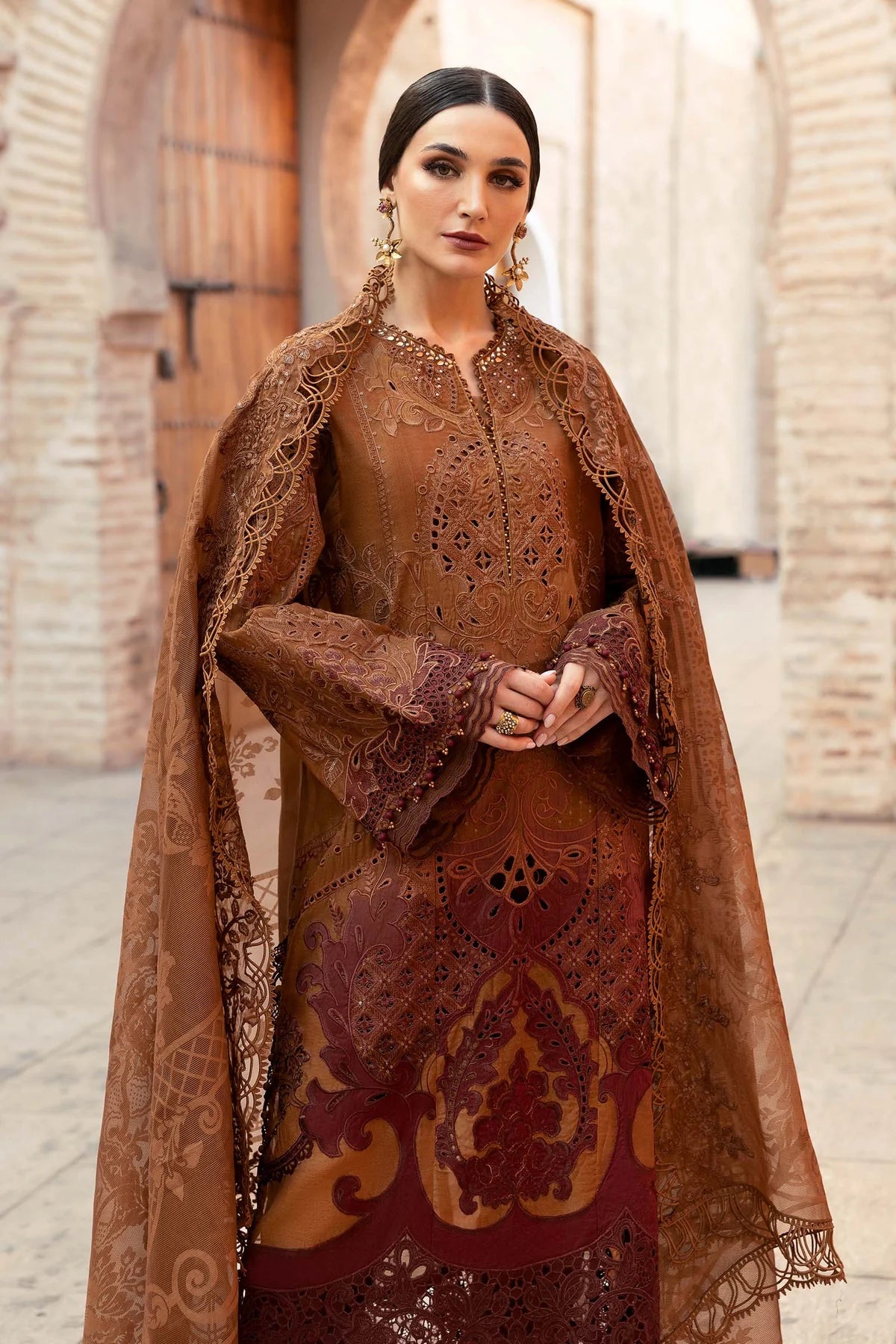 3 Piece Embroidered Paper Cotton Suit | D-2501-B