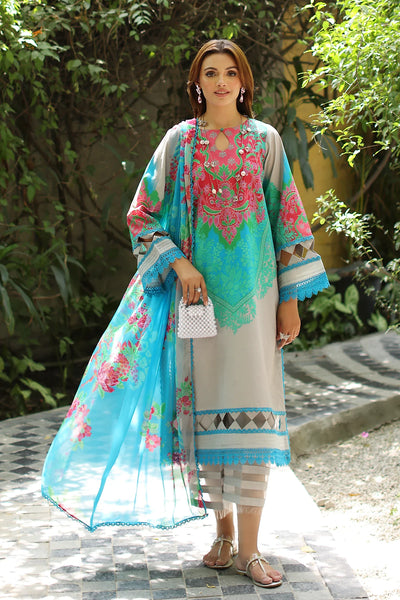 Turquoise Blue 3 Pc Printed Suit With Chiffon Dupatta