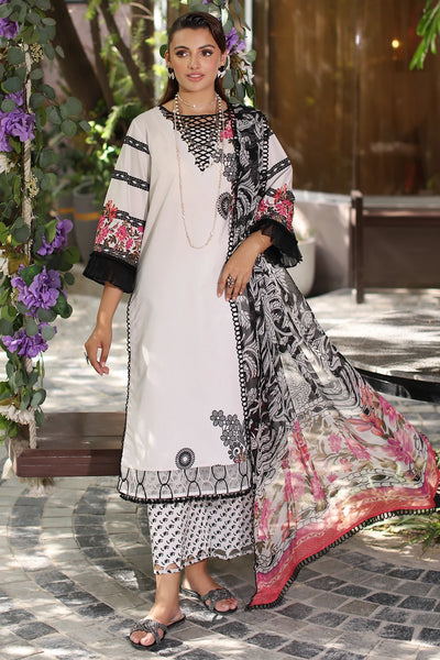 Ivory White 3 Pc Printed Suit With Chiffon Dupatta