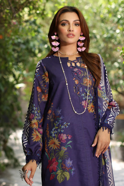 Deep Indigo 3 Pc Printed Suit With Chiffon Dupatta