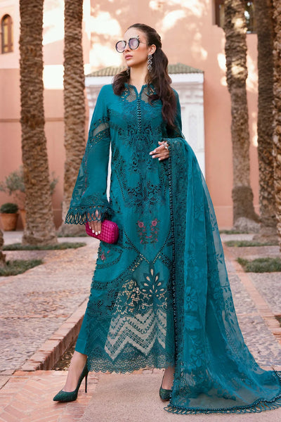 Teal Embroidered Paper Cotton 3Pc Suit With Organza Dupatta