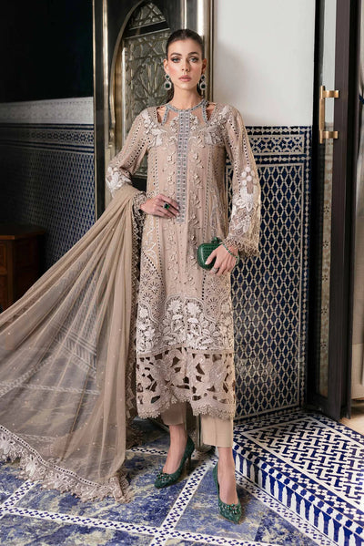 Coffee Embroidered Paper Cotton 3Pc Suit With Organza Dupatta