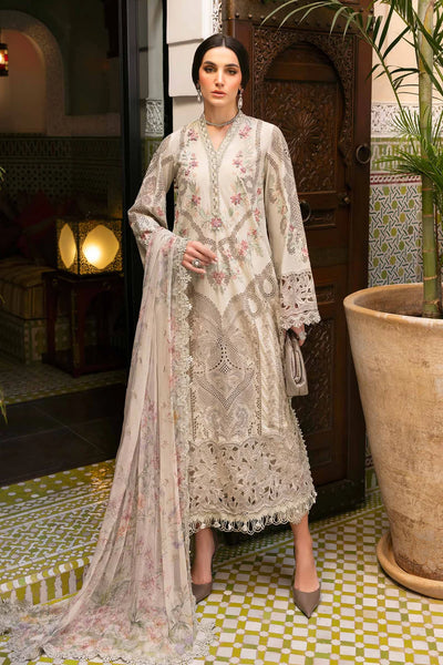 Aqua Embroidered Paper Cotton 3Pc Suit With Organza Dupatta
