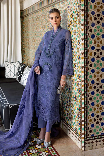 Violet Embroidered Paper Cotton 3Pc Suit With Organza Dupatta