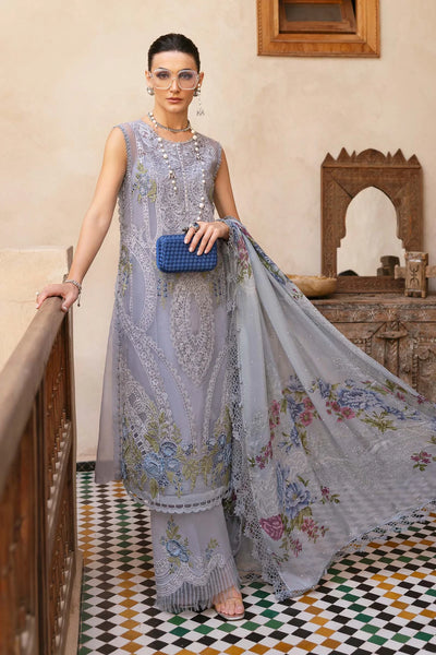 Ice Blue Embroidered Paper Cotton 3Pc Suit With Organza Dupatta