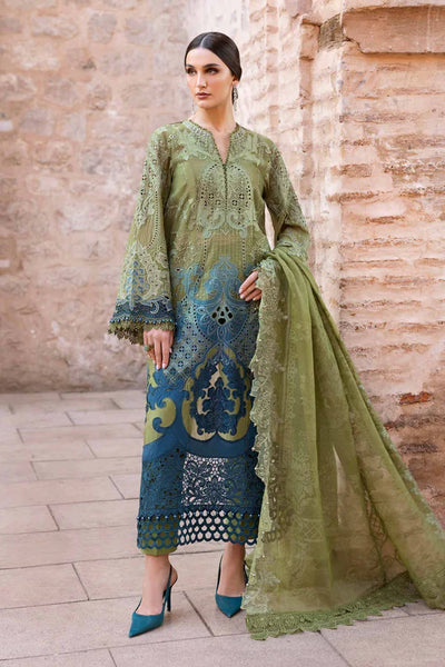 Olive Embroidered Paper Cotton 3Pc Suit With Organza Dupatta