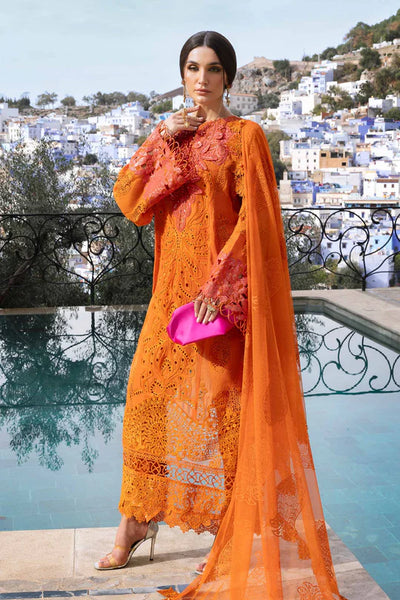 Orange Embroidered Paper Cotton 3Pc Suit With Organza Dupatta