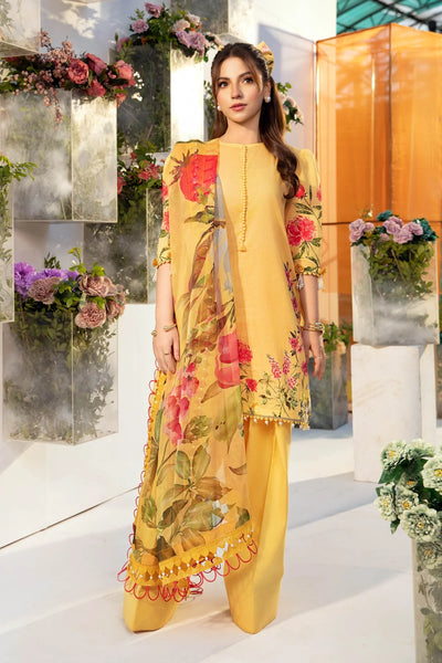Yellow Digital Printed 3-Piece Suit With Chiffon Dupatta