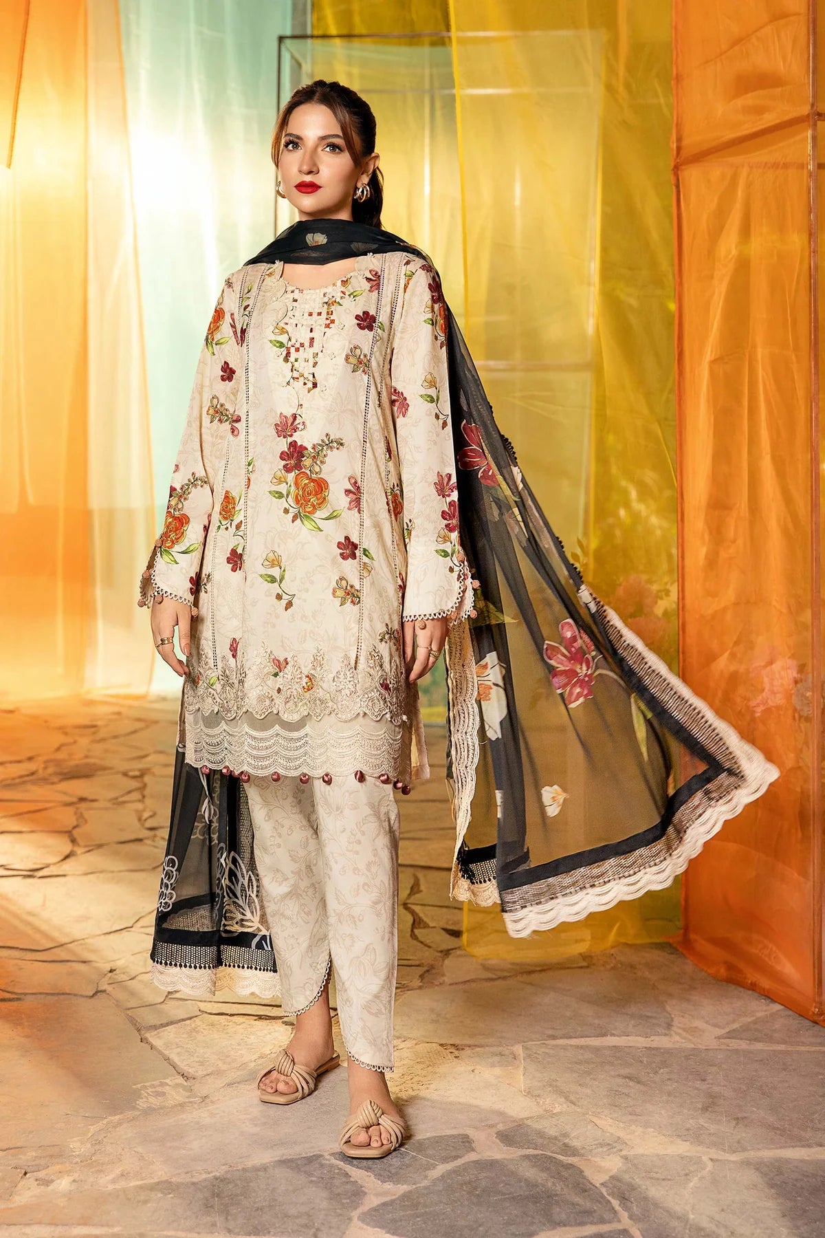 3-Pc Unstitched Printed Lawn Suit MB-CUS25-702B | Beige Shirt, Black Dupatta | Tayaba