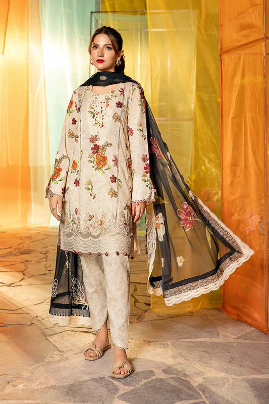 3-Pc Unstitched Printed Lawn Suit MB-CUS25-702B | Beige Shirt, Black Dupatta | Tayaba