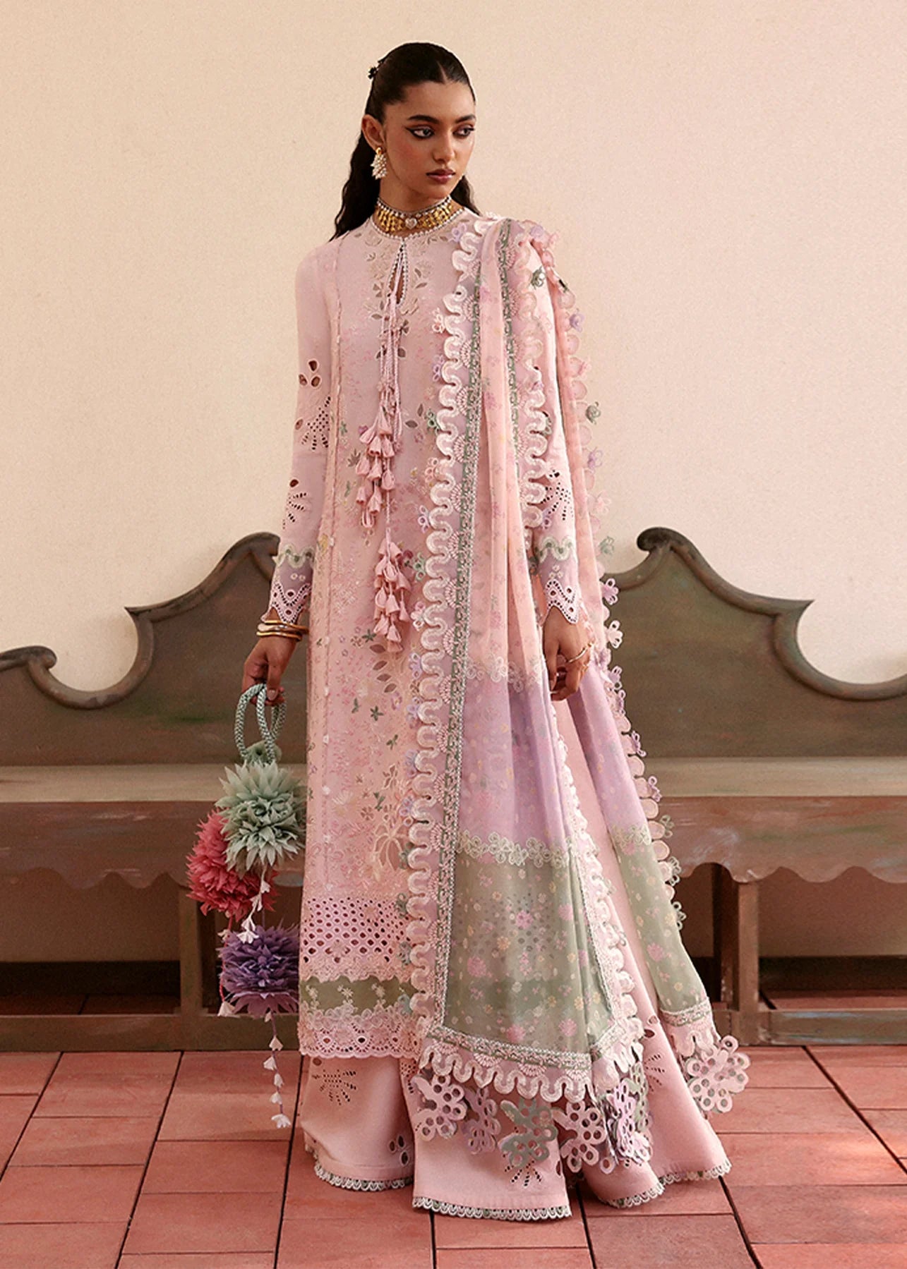 Powder Pink Embroidered Lawn Suit With Printed Dupatta