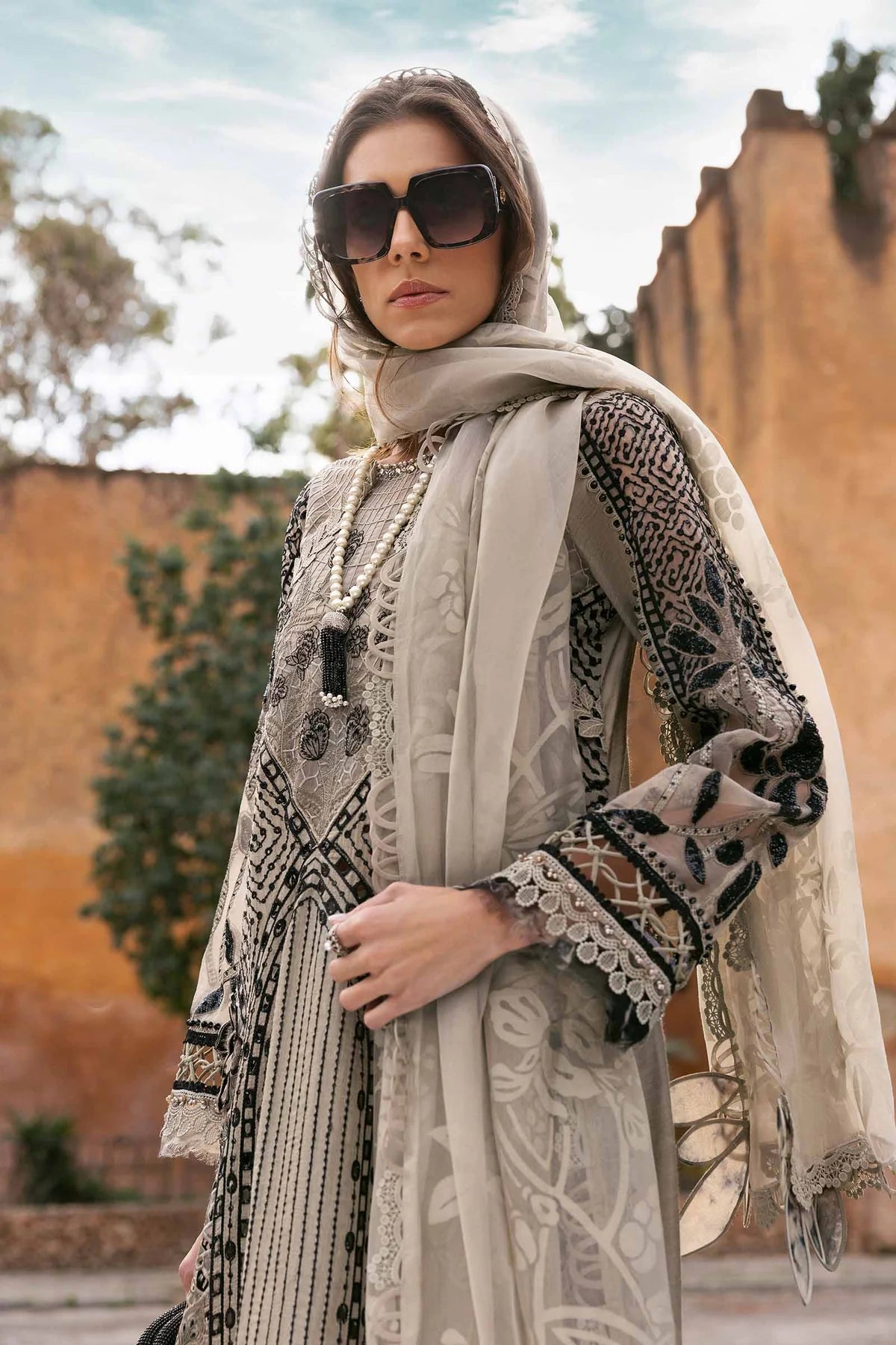 3 Piece Embroidered Paper Cotton Suit | D-2510-B