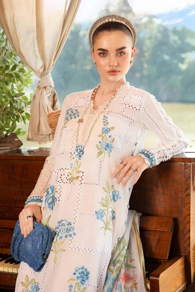 White & Blue Printed Lawn Suit With Embroidered Neck And Silk Dupatta
