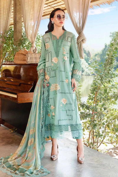 Sea Green & Mustard Printed Lawn Suit With Embroidered Neck And Dupatta