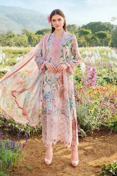 Peach Printed Lawn Suit With Embroidered Neck And Chiffon Dupatta