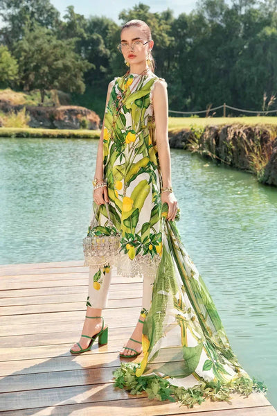 White & Yellow Printed Lawn Suit With Embroidered Neck And Dupatta