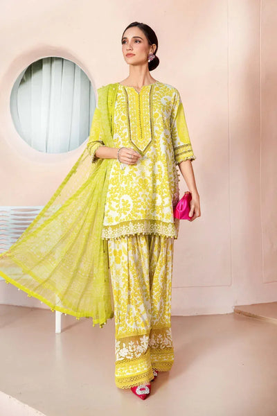 White & Yellow Printed Lawn Suit With Embroidered Neck And Dupatta
