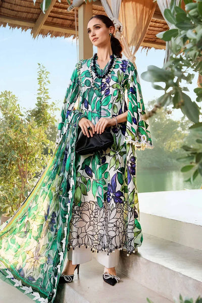 White Printed Lawn Suit With Embroidered Neck And Chiffon Dupatta
