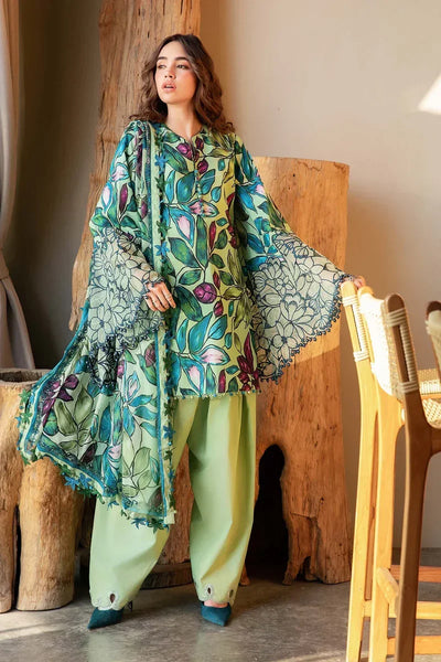  Green Printed Lawn Suit With Embroidered Neck And Chiffon Dupatta