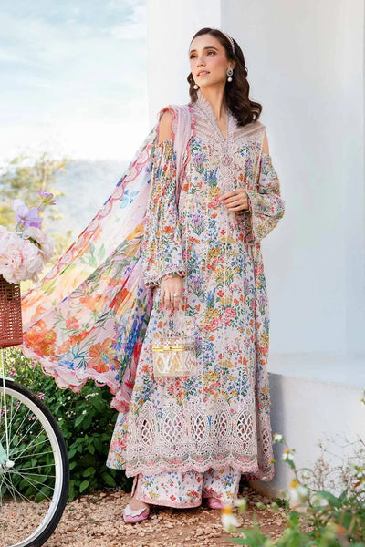 Off White Printed Lawn Suit With Embroidered Neck And Chiffon Dupatta