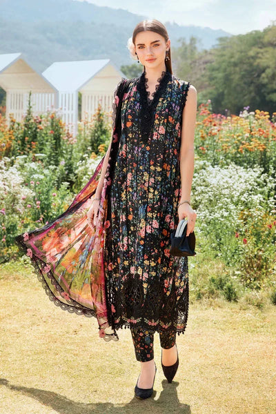 Black Printed Lawn Suit With Embroidered Neck And Chiffon Dupatta