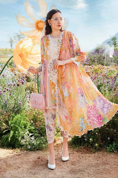 Mustard & Pink Printed Lawn Suit With Embroidered Neck And Dupatta