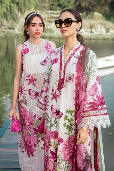 White & Pink Printed Lawn Suit With Embroidered Neck And Dupatta